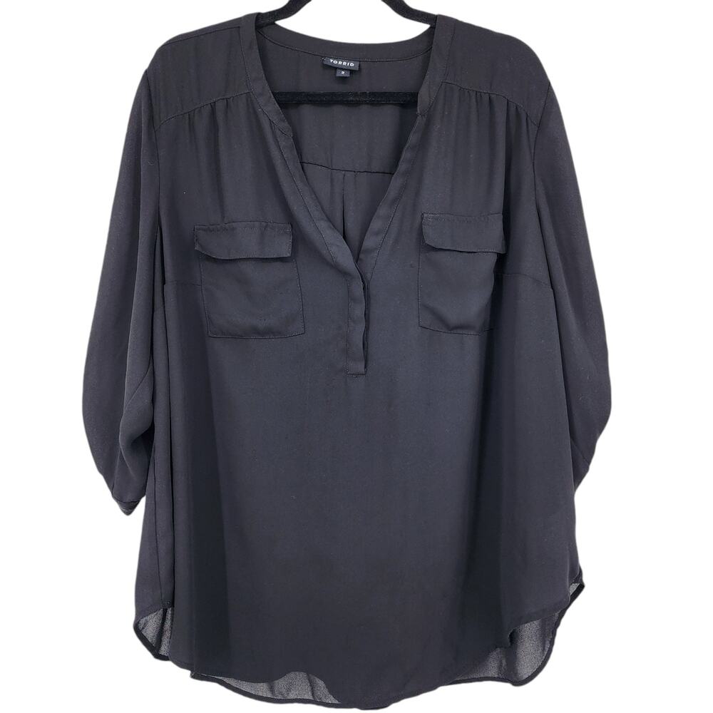 Torrid Women's Black Harper Georgette Pullover Tie Tab 3/4 Sleeve Blouse Size 2X